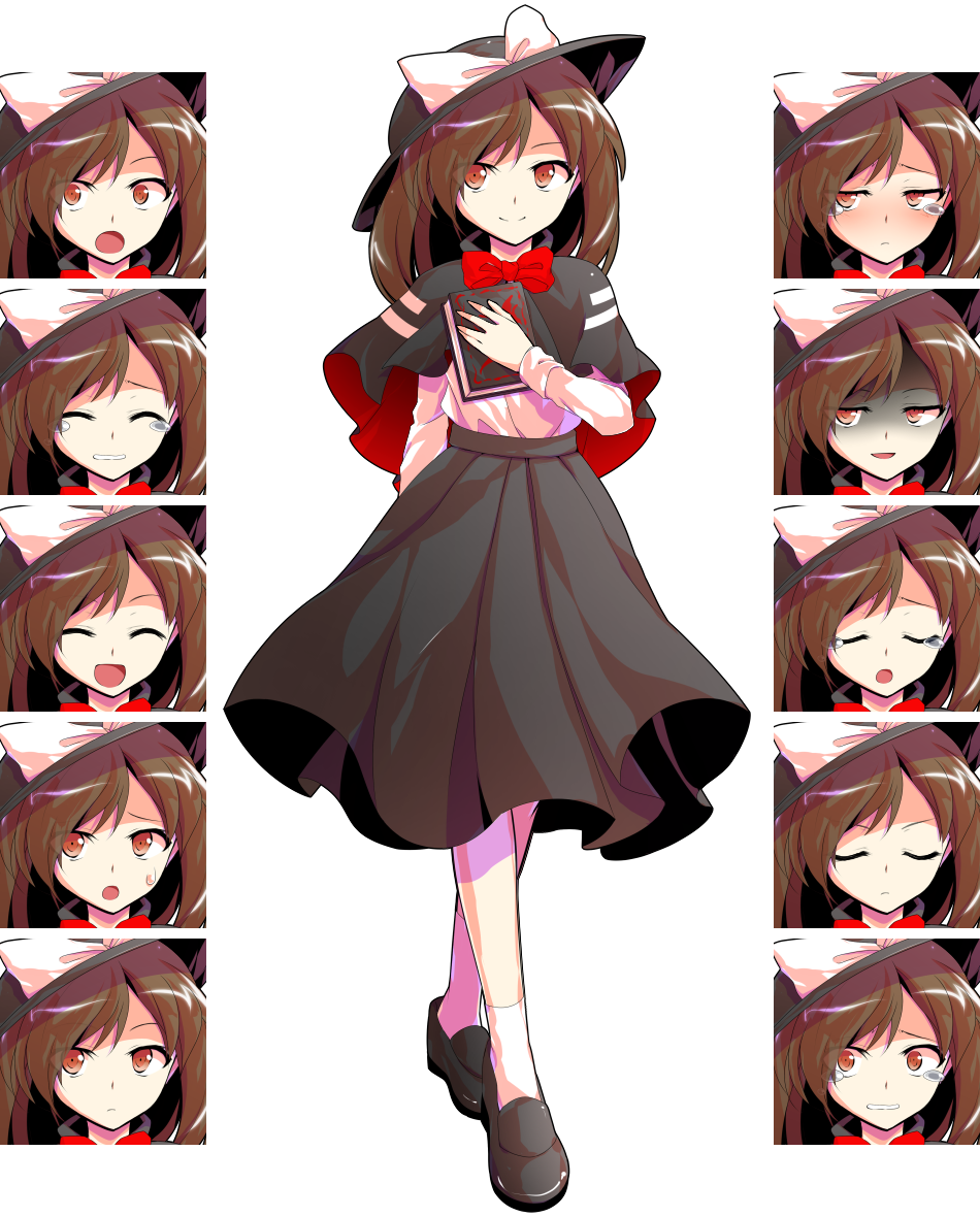 1girl :o ^_^ ^o^ black_hat black_shoes black_skirt blush book bow bowtie capelet clenched_teeth closed_eyes closed_mouth crying dairi evil_smile expressionless expressions fedora frown full-face_blush full_body hat high-waist_skirt holding holding_book loafers long_sleeves multiple_views open_mouth red_bow red_bowtie sad shaded_face shirt shoes simple_background skirt smile socks standing surprised sweatdrop tears teeth touhou transparent_background usami_renko white_legwear white_shirt wide-eyed
