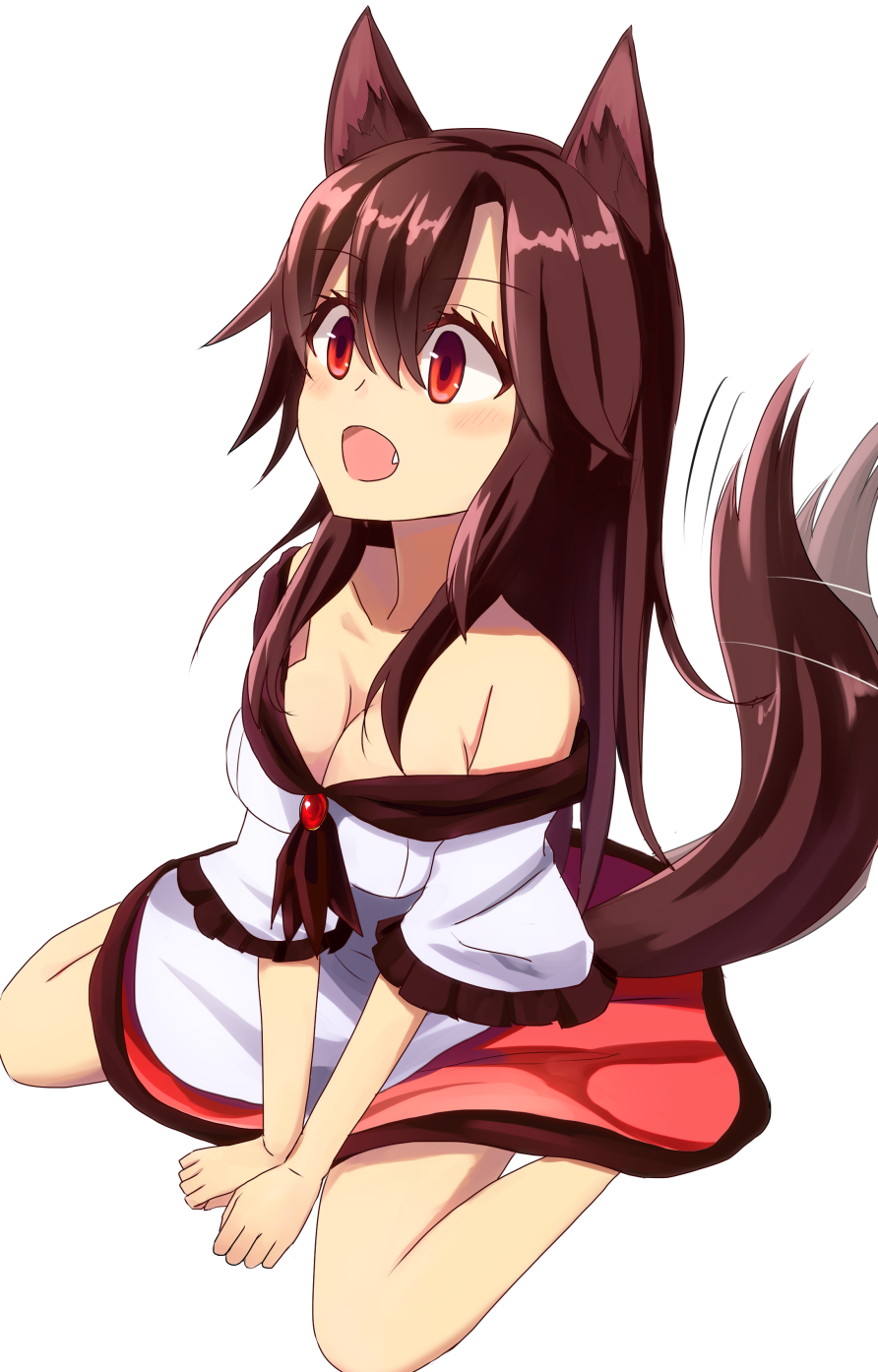 1girl animal_ears breasts brooch brown_hair cleavage collarbone dress fang hasu_(lausdys) highres imaizumi_kagerou jewelry long_sleeves looking_up open_mouth red_eyes simple_background sitting solo tail tail_wagging touhou white_background wide_sleeves wolf_ears wolf_tail