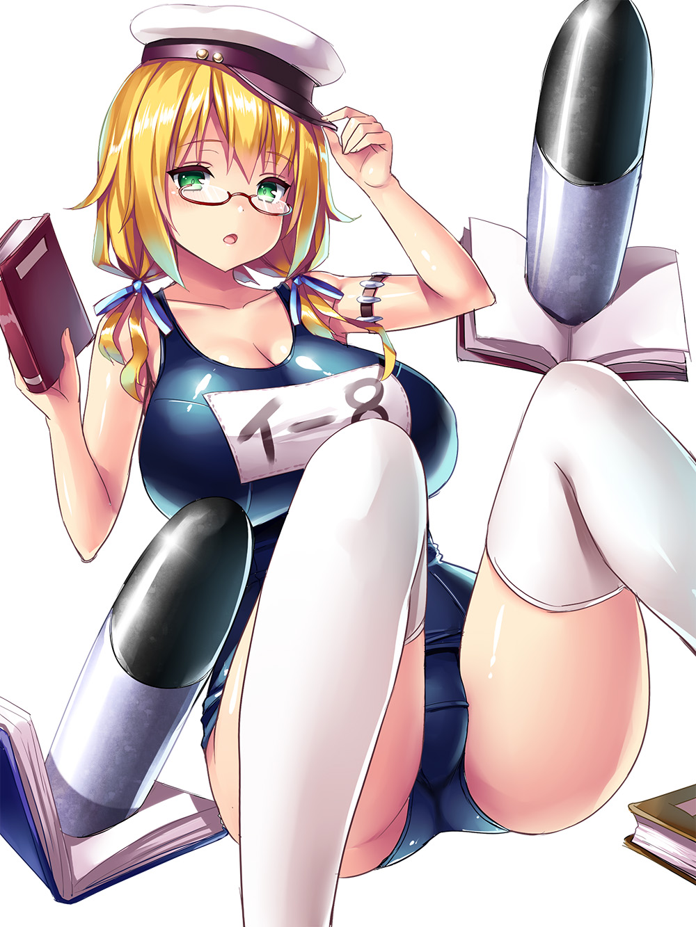 1girl adjusting_clothes adjusting_hat bare_shoulders blonde_hair blue_ribbon blush book breasts cleavage collarbone commentary_request fat_mons glasses green_eyes hair_ribbon hat highres i-8_(kantai_collection) kantai_collection knees_up large_breasts looking_at_viewer low_twintails name_tag one-piece_swimsuit open_book open_mouth peaked_cap red-framed_glasses ribbon school_swimsuit semi-rimless_glasses shiny shiny_skin short_hair sitting sleeveless solo swimsuit thigh-highs torpedo tress_ribbon tsukumiya_amane twintails under-rim_glasses white_hat white_legwear
