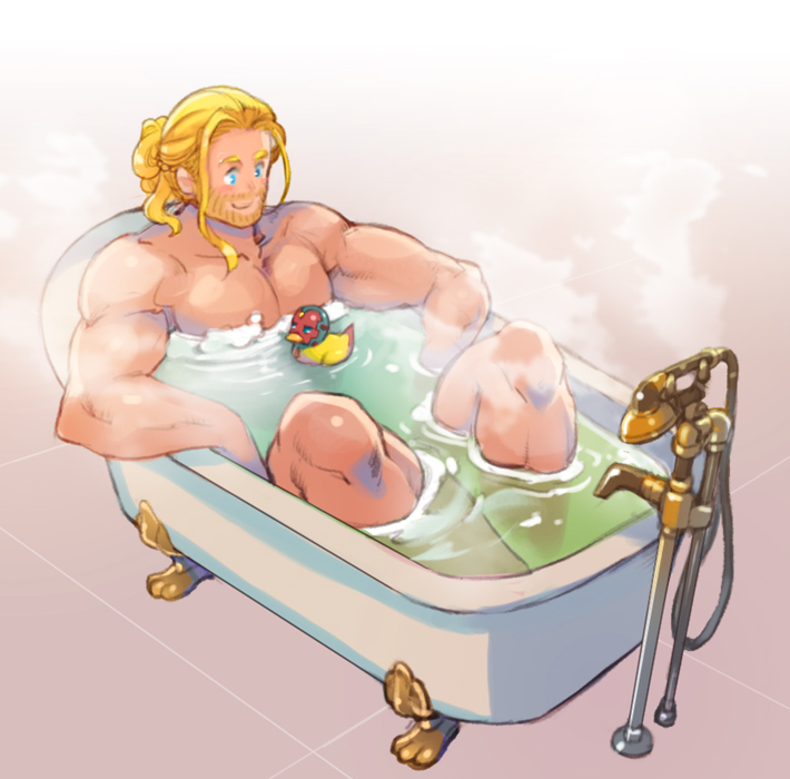 1boy avengers:_age_of_ultron bathing bathtub blonde_hair blue_eyes cameo hair_bun male_focus nikumeron rubber_duck thor_(marvel) vision_(marvel)