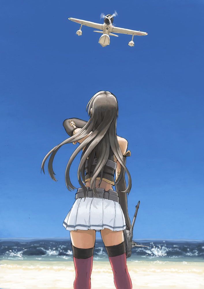 1girl airplane arm_up bare_shoulders belt black_gloves black_hair black_vest blue_sky coast cowboy_shot day elbow_gloves from_behind gloves horizon kantai_collection long_hair looking_up miniskirt motion_blur motor_vehicle nagato_(kantai_collection) nakajima_a6m2-n ocean outdoors propeller red_legwear seaplane shore skirt sky solo standing thigh-highs vehicle vent_arbre vest water white_skirt zettai_ryouiki