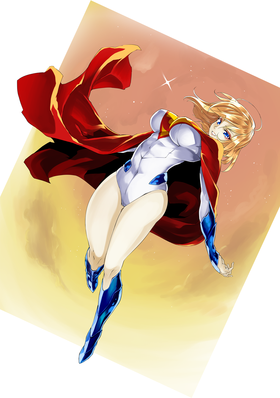 blonde_hair blue_eyes breasts cape dc_comics flying gloves highres izuna_nie large_breasts power_girl red_cape short_hair skin_tight smile solo spandex star superhero thighs