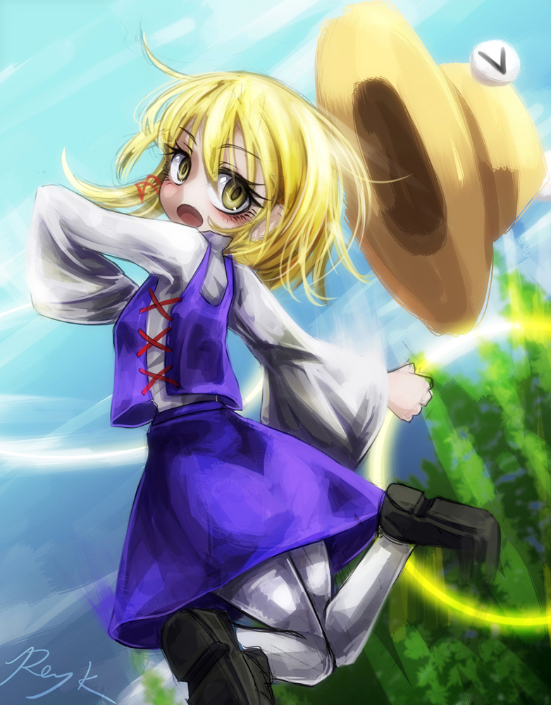 &gt;_&lt; 1girl :o blonde_hair blue_sky closed_eyes from_behind hat hat_removed headwear_removed jumping knees_together_feet_apart long_sleeves looking_at_viewer looking_back moriya's_iron_rings moriya_suwako outdoors purple_skirt purple_vest ray-k shirt shoes short_hair signature skirt skirt_set sky solo touhou vest white_legwear white_shirt wide_sleeves yellow_eyes