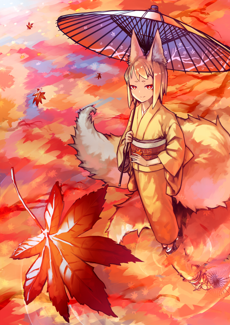 1girl 2015 animal_ears artist_name autumn_leaves blonde_hair dated eyebrows fox_ears fox_tail haruko_(halife) holding holding_umbrella japanese_clothes kimono leaf maple_leaf multiple_tails number obi oriental_umbrella original red_eyes reflection ripples sash smile solo standing tail thick_eyebrows umbrella