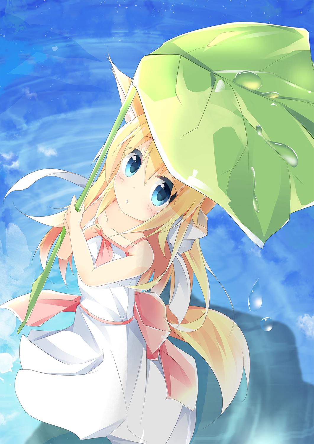 1girl :o animal_ears bare_shoulders blonde_hair blue_eyes blush bow collarbone colored_eyelashes dress fox_ears fox_tail from_above full_body hair_bow highres holding holding_umbrella kushida_you leaf_umbrella long_hair looking_up open_mouth original red_ribbon ribbon sleeveless sleeveless_dress solo standing sundress tail tareme umbrella water water_drop white_bow white_dress
