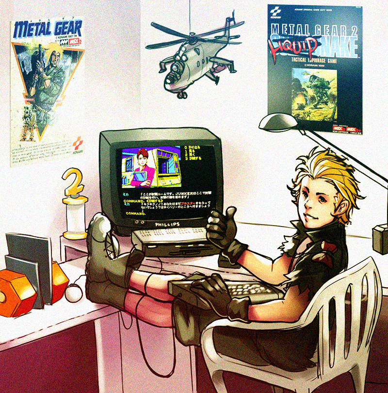 1boy 80s amano-g black_gloves blonde_hair blue_eyes chair creator_connection desk_lamp eli_(mgs) feet_on_table gloves helicopter lamp metal_gear_(series) metal_gear_2 metal_gear_solid_v microcomputer mika_slayton mil_mi-24 msx oldschool parody pixelated playing_games poster_(object) short_hair shorts sitting snatcher solo thumbs_up trophy