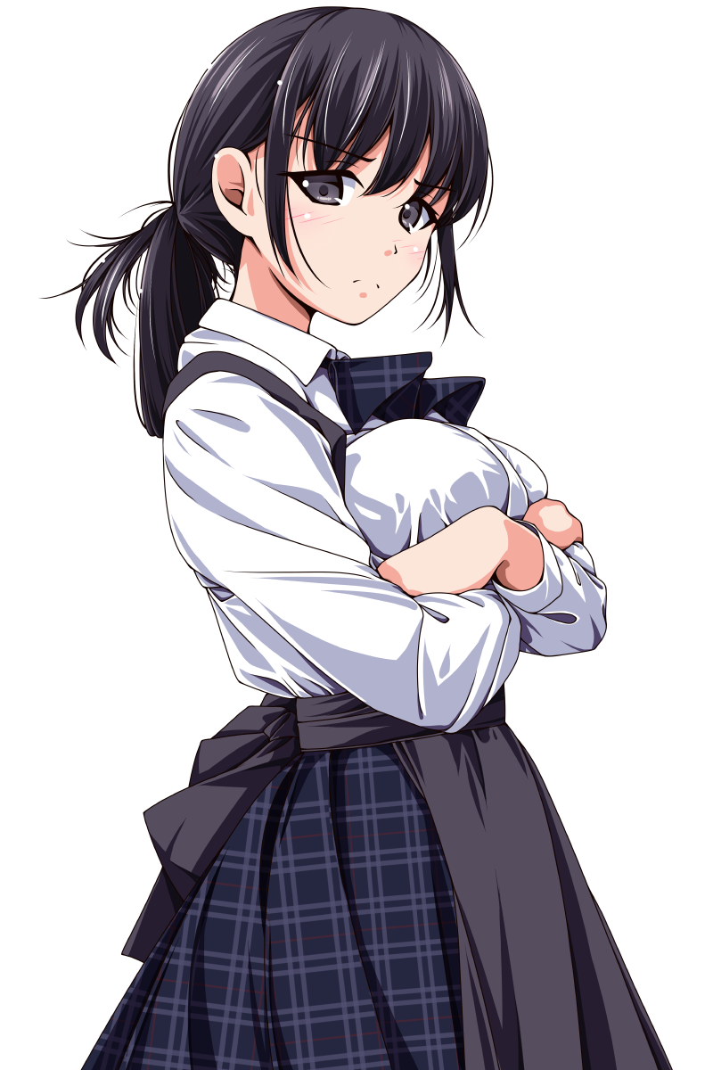 1girl apron black_apron black_bow black_bowtie black_skirt blush bow bowtie breasts closed_mouth collared_shirt comic cowboy_shot crossed_arms eyebrows eyebrows_visible_through_hair from_side frown highres large_breasts long_skirt long_sleeves looking_at_viewer looking_to_the_side matsunaga_kouyou original plaid plaid_skirt shirt short_hair simple_background skirt solo standing waist_apron white_background white_shirt wing_collar
