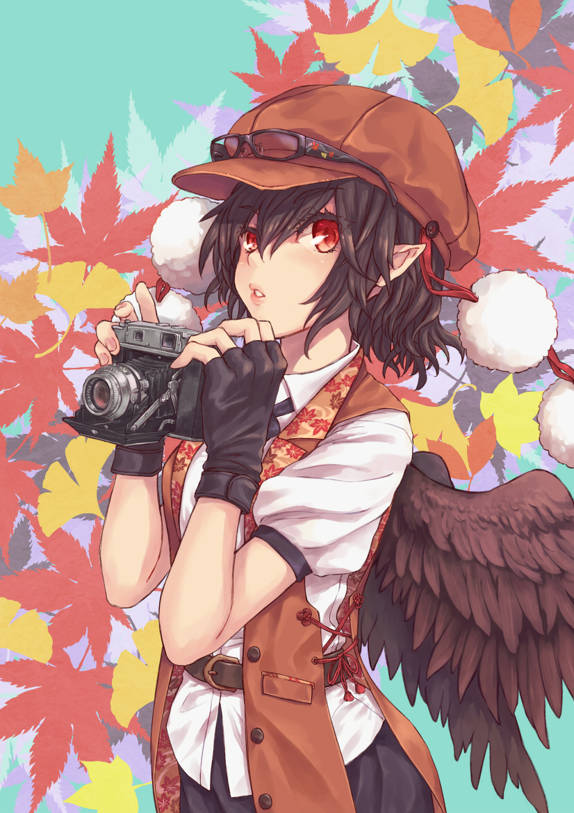 1girl alternate_headwear autumn autumn_leaves bangs belt black_gloves black_hair black_skirt brown_hat buttons camera collared_shirt cross-laced_clothes eyebrows eyebrows_visible_through_hair eyelashes feathered_wings fingerless_gloves ginkgo glasses_on_head gloves hair_between_eyes hat holding_camera leaf leaf_print lips looking_at_viewer maple_leaf mumulatte parted_lips pointy_ears pom_pom_(clothes) puffy_short_sleeves puffy_sleeves red_eyes shameimaru_aya shirt short_hair short_sleeves skirt solo touhou upper_body vest wings
