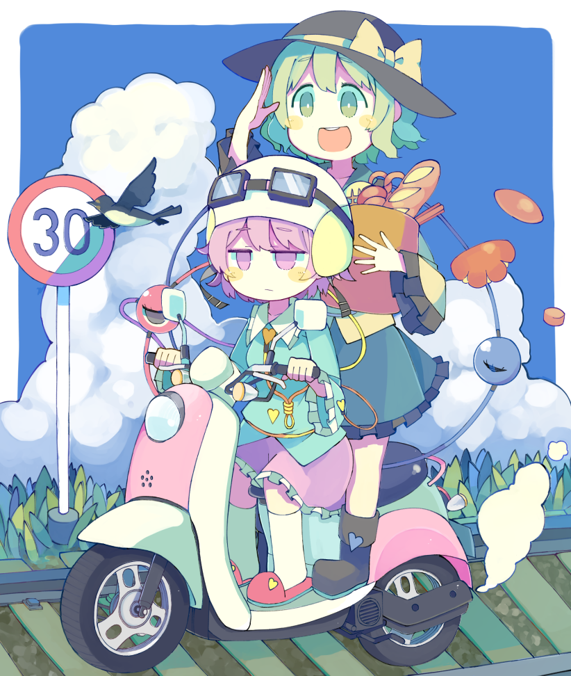 2girls :d bag baron_(x5qgeh) bird blush_stickers boots bow bread clouds cloudy_sky commentary_request eyebrows eyebrows_visible_through_hair food frilled_skirt frilled_sleeves frills goggles goggles_on_helmet goggles_removed green_eyes green_hair hat hat_bow heart helmet holding holding_bag jacket jitome komeiji_koishi komeiji_satori moped multiple_girls open_mouth outdoors paper_bag pink_eyes pink_hair railroad_tracks riding road_sign short_hair sign skirt sky slippers smile socks teeth third_eye touhou white_legwear