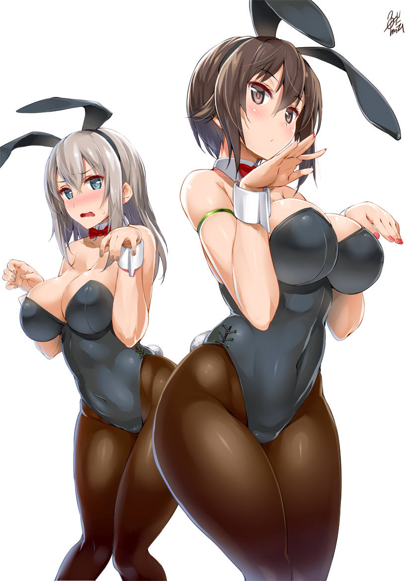 2girls :o alternate_costume animal_ears arm_ribbon bangs black_leotard blue_eyes blush bow bowtie breasts brown_eyes brown_hair brown_legwear bunny_girl bunny_pose bunny_tail bunnysuit cleavage covered_navel cross-laced_clothes detached_collar embarrassed eyebrows eyebrows_visible_through_hair fake_animal_ears girls_und_panzer grey_nails hair_between_eyes hairband hands_up itsumi_erika large_breasts leotard long_hair looking_at_viewer multiple_girls nail_polish nishizumi_maho open_mouth palms pantyhose rabbit_ears red_bow red_bowtie red_nails ribbon short_hair side-tie_leotard silver_hair simple_background skin_tight strapless strapless_leotard tail uo_denim wavy_mouth wrist_cuffs