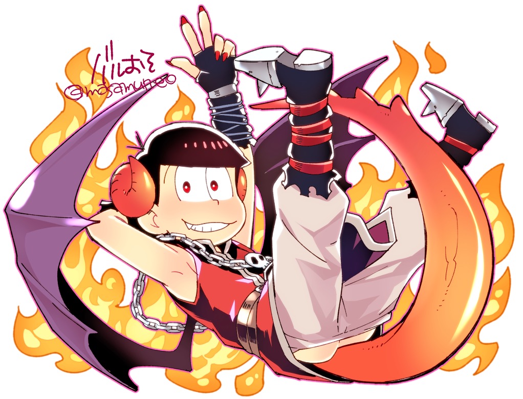 1boy arm_behind_head ayao77 barbatos_(fullbokko_heroes) barbatos_(fullbokko_heroes)_(cosplay) black_hair boots bowl_cut chain demon_horns demon_wings fang fingernails fire floating fullbokko_heroes horns male_focus matsuno_osomatsu nail_polish osomatsu-kun osomatsu-san red_eyes red_nails sharp_fingernails simple_background sleeveless smile solo tail twitter_username v white_background wings