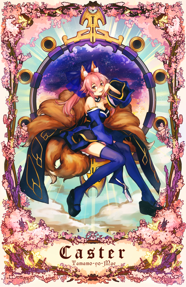 1girl animal_ears bare_shoulders between_legs blue_dress blue_legwear boots breasts caster_(fate/extra) character_name cherry_blossoms cleavage detached_sleeves dress english fate/extra fate_(series) fox_ears fox_tail hand_between_legs k_(sktchblg) long_hair multiple_tails pink_hair solo tail thigh-highs thigh_boots twintails