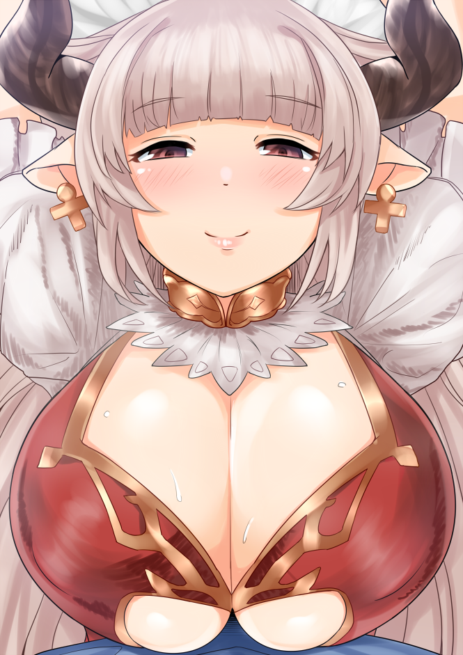 1girl alicia_(granblue_fantasy) blush breasts cleavage cross cross_earrings earrings granblue_fantasy horns huge_breasts jewelry long_hair looking_at_viewer pointy_ears schizanthus_(artist) silver_hair smile