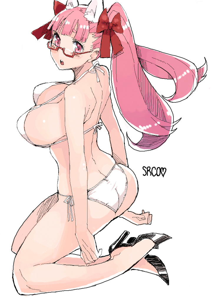 1girl :o angelo_(gomahangetsu) animal_ears arms_at_sides ass back bangs bikini black_shoes blunt_bangs blush bow breasts character_name cleavage eyebrows from_side full_body glasses hair_bow high_heels large_breasts long_hair looking_at_viewer looking_back open_mouth original pink_eyes pink_hair red-framed_glasses red_bow semi-rimless_glasses shoes side-tie_bikini simple_background skindentation solo srco strap_gap swimsuit teeth twintails under-rim_glasses white_background white_bikini