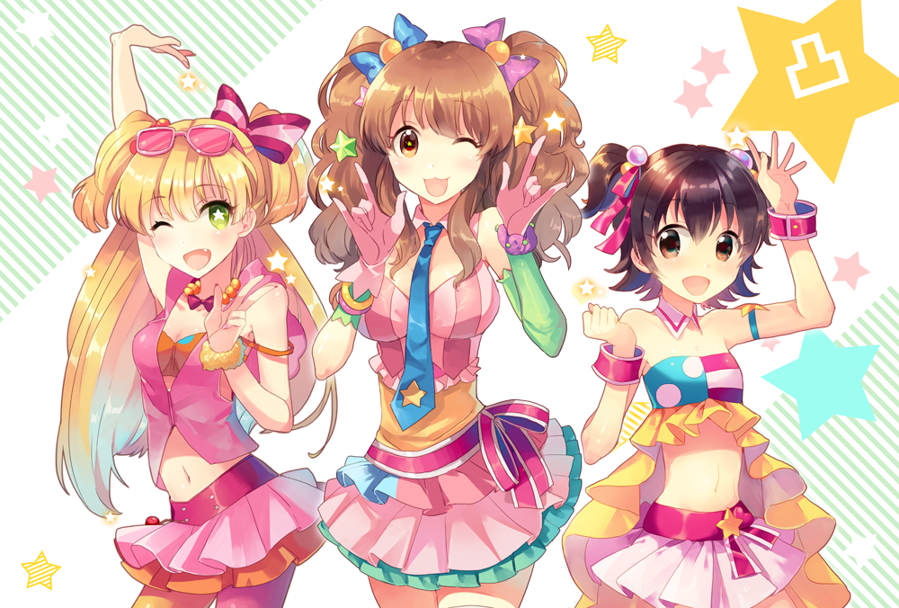 3girls akagi_miria black_hair blonde_hair brown_eyes brown_hair decoration_(idolmaster) green_eyes hair_ornament idolmaster idolmaster_cinderella_girls jougasaki_rika long_hair looking_at_viewer moroboshi_kirari multiple_girls nr_(cmnrr) open_mouth pikapikapop short_hair smile twintails two_side_up