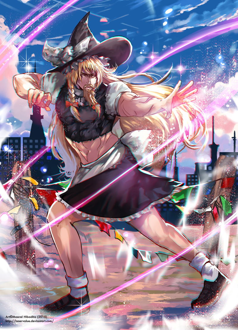 1boy beard blonde_hair braid braided_beard cho_marisa dress facial_hair full_body genderswap genderswap_(ftm) hair_ribbon hat kirisame_marisa long_hair maerel_hibadita male_focus muscle ribbon solo touhou very_long_hair witch_hat yellow_eyes