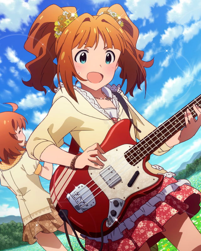 2girls ahoge blue_eyes bracelet brown_skirt closed_eyes floral_print flower frilled_skirt frills guitar hair_flower hair_ornament hood hoodie idolmaster idolmaster_million_live! instrument instrument_request jewelry light_particles meadow million_live_card multiple_girls necklace official_art open_mouth orange_hair outdoors puffy_short_sleeves puffy_sleeves red_skirt short_sleeves skirt sky sweat takatsuki_yayoi twintails yabuki_kana