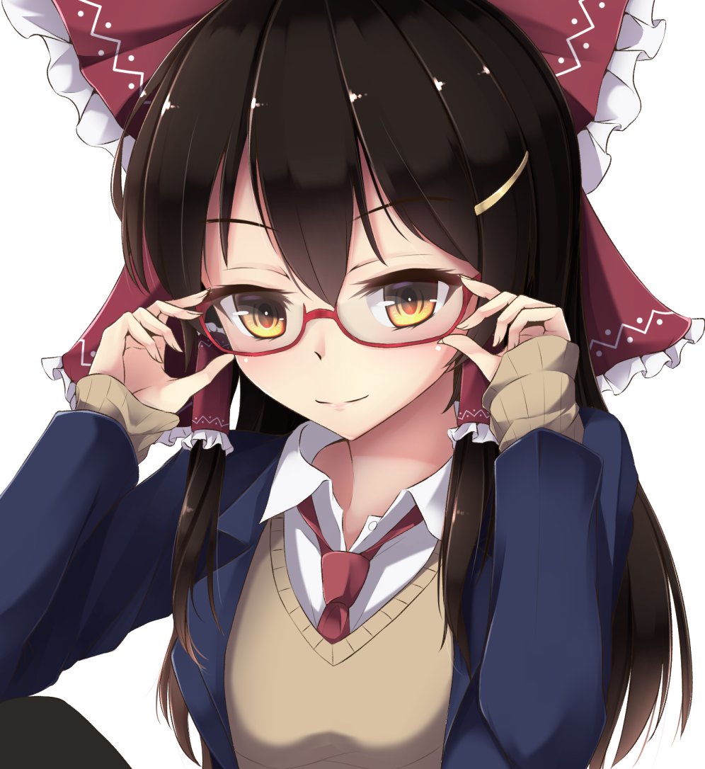 &gt;:) 1girl adjusting_glasses alternate_costume bespectacled black_hair blazer blush bow commentary_request contemporary glasses hair_bow hair_ornament hair_tubes hairclip hakurei_reimu jacket long_sleeves looking_at_viewer necktie red-framed_glasses red_bow red_necktie school_uniform semi-rimless_glasses shirt sidelocks simple_background smile solo sweater touhou tsurime under-rim_glasses upper_body white_background white_shirt wing_collar yellow_eyes yutaka_saki_shu