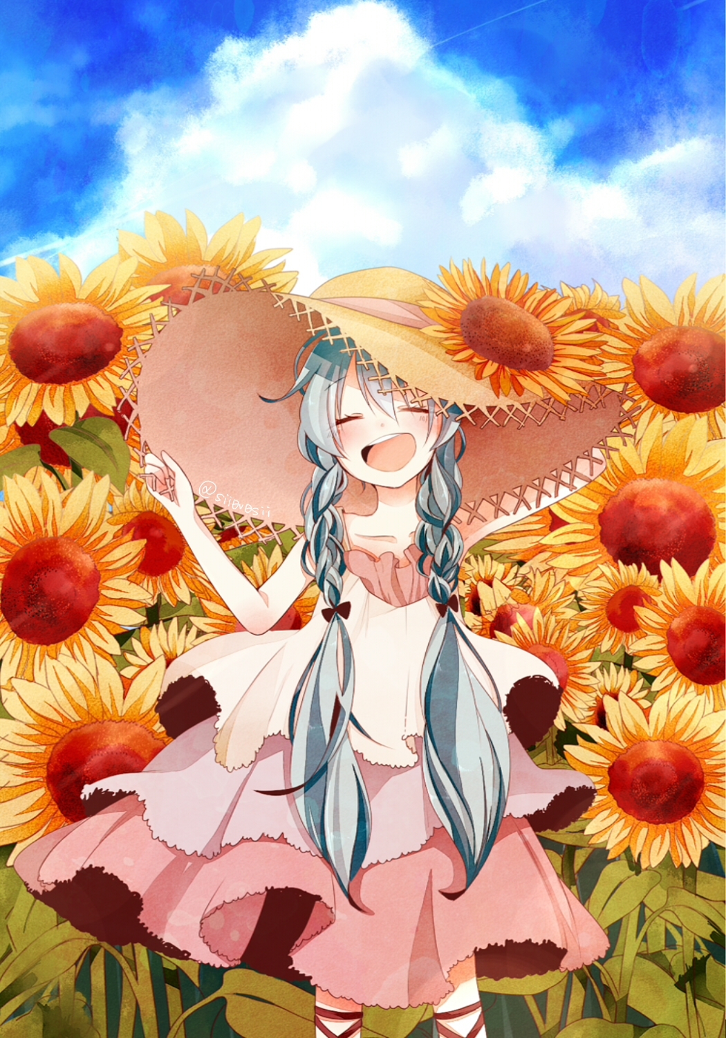1girl :d alternate_hairstyle aqua_hair arm_behind_head blush bow braid closed_eyes clouds collarbone dress flower hair_between_eyes hair_bow hand_on_headwear hat hatsune_miku head_tilt highres long_hair open_mouth outdoors pink_dress shii_(cocoa) sky smile solo standing strap_slip sun_hat sundress sunflower twin_braids twitter_username very_long_hair vocaloid younger