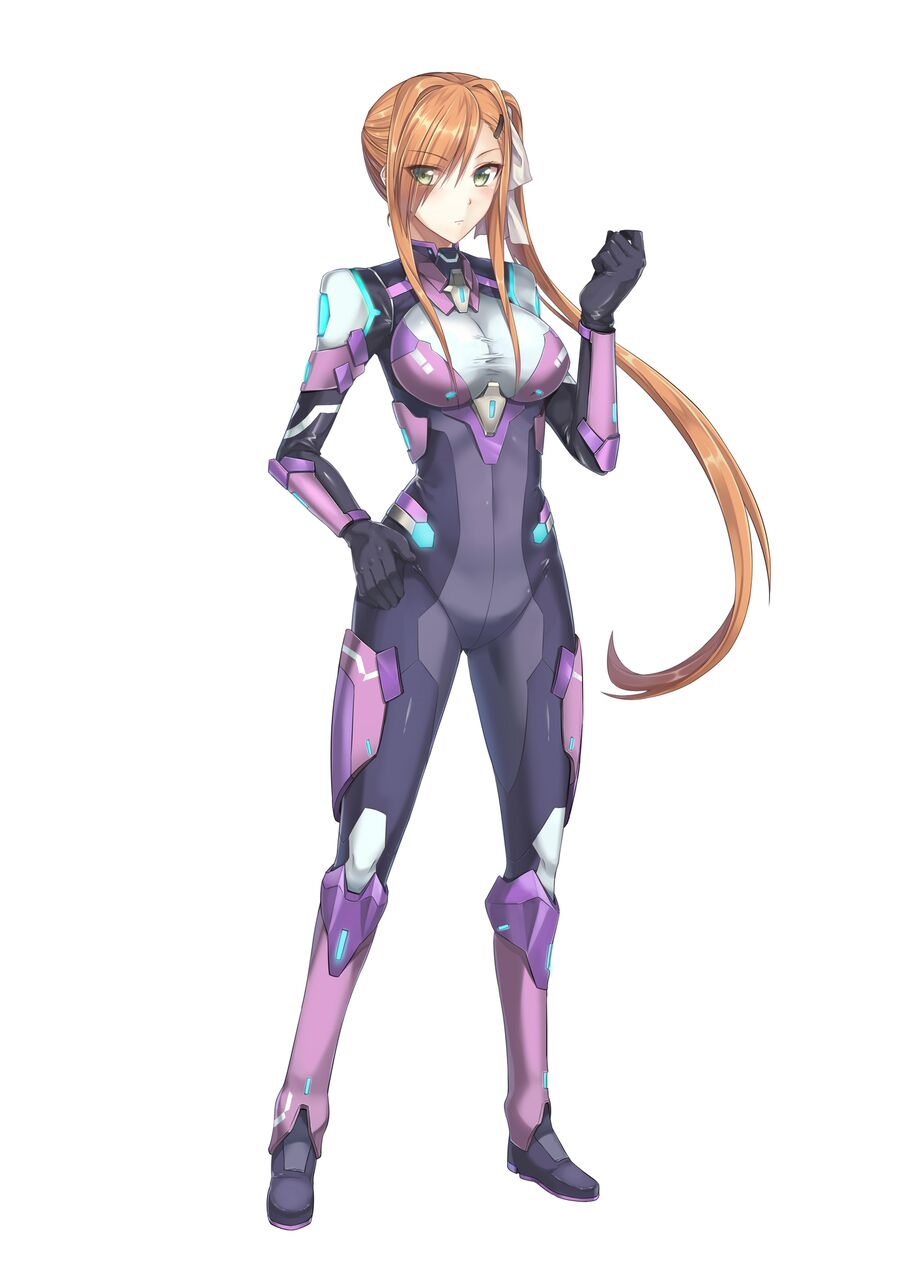 1girl bodysuit boots bow closed_mouth covered_navel eyebrows eyebrows_visible_through_hair eyes_visible_through_hair full_body gloves grey_eyes hair_bow hand_on_hip hand_up highres leg_armor legs_apart long_hair looking_at_viewer luzi neon_trim official_art orange_hair pilot_suit project_nimbus side_ponytail simple_background skin_tight solo standing vambraces very_long_hair white_background white_bow yuliana_alexandov