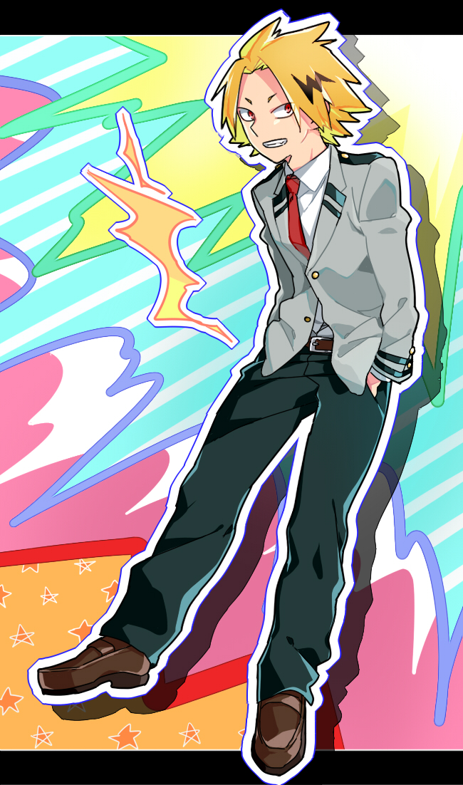 1boy belt blonde_hair boku_no_hero_academia buckle electricity grin hands_in_pockets kaminari_denki long_sleeves necktie nihoncha_(nibantya) pants red_eyes school_uniform short_hair smile solo