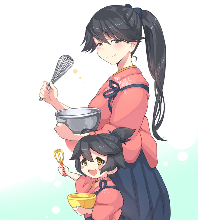 2girls :d akaneyu_akiiro black_hair blush blush_stickers bowl brown_eyes commentary_request hair_between_eyes hair_ribbon hakama high_ponytail holding houshou_(kantai_collection) japanese_clothes kantai_collection kimono long_hair looking_at_viewer mixing_bowl mother's_day multiple_girls open_mouth ponytail ribbon short_hair smile tasuki teeth tsuki whisk