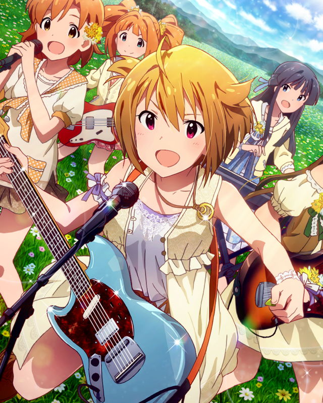 5girls ahoge armband black_hair blonde_hair blue_eyes flower guitar hair_flower hair_ornament hood hoodie ibuki_tsubasa idolmaster idolmaster_million_live! instrument instrument_request jacket jewelry meadow microphone million_live_card mogami_shizuka mountain multiple_girls necklace official_art open_mouth orange_hair organ outdoors pink_eyes pocket puffy_short_sleeves puffy_sleeves short_hair short_sleeves signature sleeveless takatsuki_yayoi tokoro_megumi twintails yabuki_kana yellow_eyes