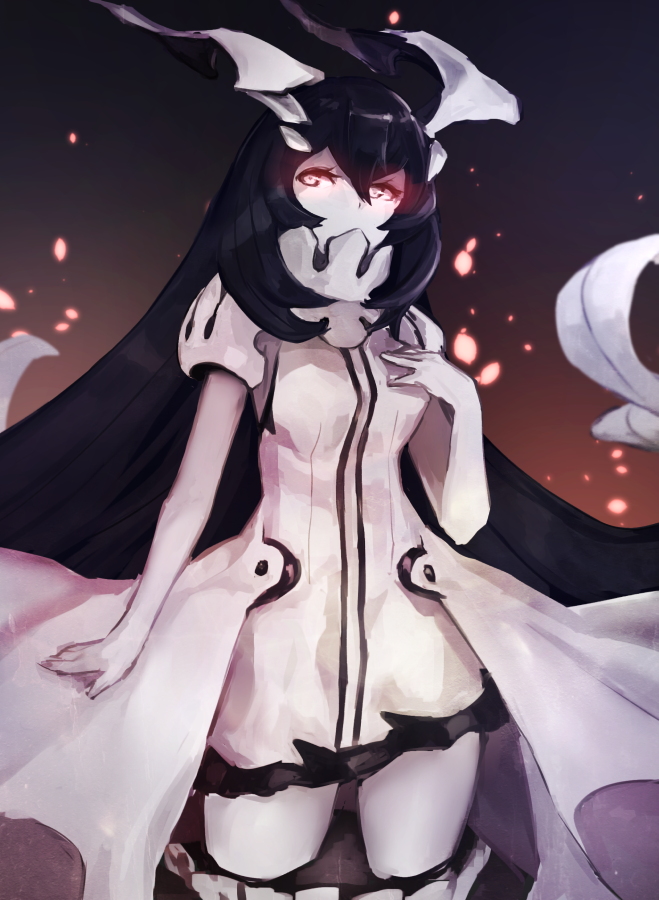 1girl anchorage_water_oni black_hair breasts dress glowing glowing_eyes horns kantai_collection long_hair looking_to_the_side red_eyes shinkaisei-kan solo very_long_hair weasel_(close-to-the-edge) white_dress white_skin