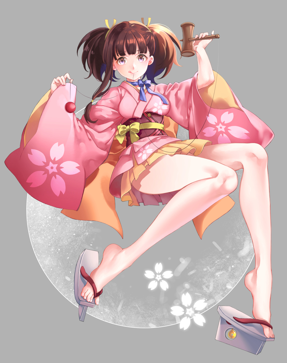 1girl :q bell breasts brown_hair choker floral_print full_body fumako geta grey_background hair_ribbon hat highres japanese_clothes kendama kimono koutetsujou_no_kabaneri long_sleeves looking_at_viewer mouth_hold mumei_(kabaneri) no_socks obi peaked_cap red_eyes ribbon ribbon_choker sash short_hair short_kimono simple_background solo tongue tongue_out toy twintails wide_sleeves