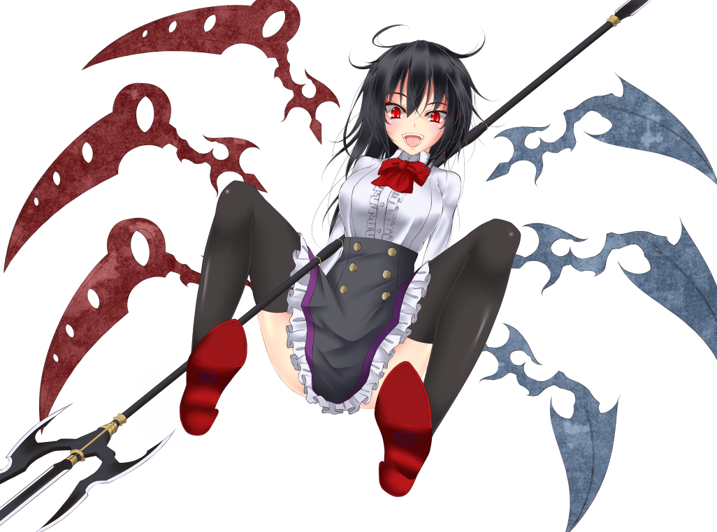1girl alternate_costume asymmetrical_hair asymmetrical_wings black_hair black_legwear black_skirt bow bowtie breasts dress_shirt gmot houjuu_nue large_breasts long_sleeves open_mouth polearm red_eyes shirt skirt solo spread_legs thigh-highs touhou trident underbust virgin_killer_outfit weapon white_background wings