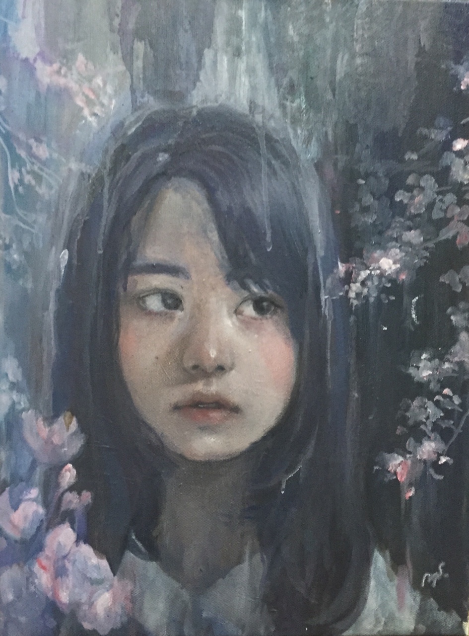 1girl asymmetrical_bangs bangs black_eyes black_hair commentary flower highres long_hair looking_to_the_side mognemu mouth nose oil_painting_(medium) original portrait solo traditional_media upper_body