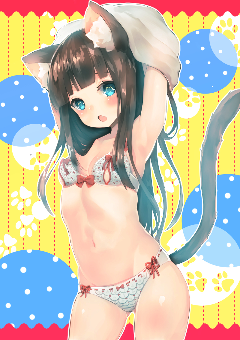 1girl animal_ears armpits arms_up bangs black_hair blue_eyes blunt_bangs blush bow bow_bra bow_panties bra cat-shaped_pupils cat_ears cat_tail fang looking_at_viewer navel open_mouth original panties ribbon-trimmed_panties ribbon_trim small_breasts solo suzuho_hotaru symbol-shaped_pupils tail underwear undressing white_bra white_panties