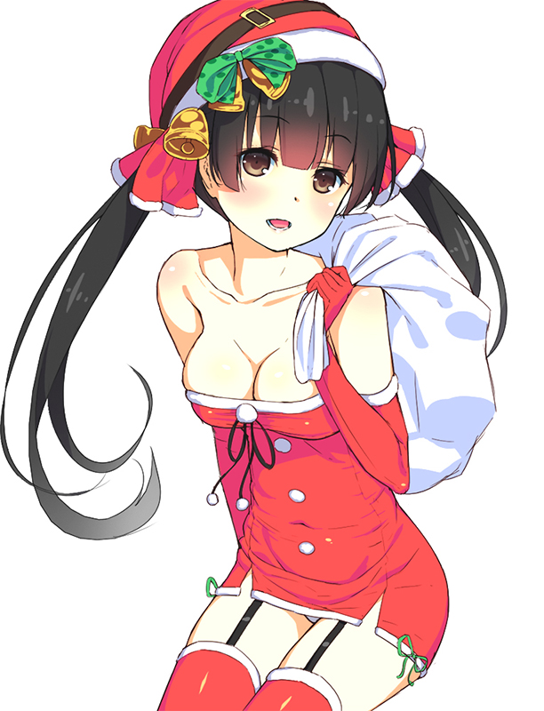 1girl bag bell black_hair blush breasts brown_eyes carrying_over_shoulder christmas cleavage collarbone covered_navel dress elbow_gloves garter_straps gloves hair_bell hair_ornament hat long_hair looking_at_viewer open_mouth panties pantyshot pantyshot_(sitting) peragura pom_pom_(clothes) red_dress red_gloves red_legwear santa_costume santa_hat short_dress sitting skin_tight smile solo strapless strapless_dress taut_clothes thigh-highs twintails underwear white_background