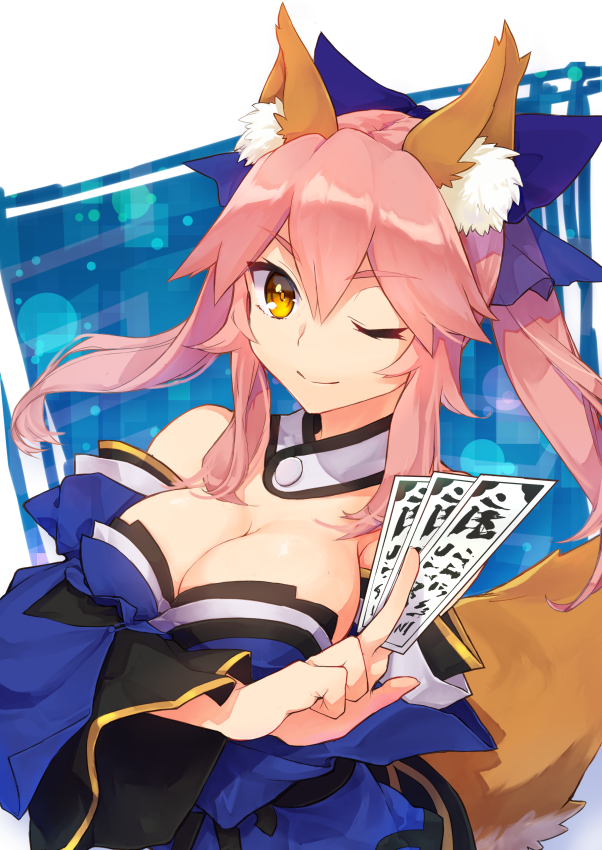 1girl ;) agsen animal_ears bare_shoulders between_fingers blue_bow blue_dress bow breasts brown_eyes card caster_(fate/extra) cleavage closed_mouth collar detached_collar detached_sleeves dress eyebrows eyebrows_visible_through_hair fate/extra fate_(series) fox_ears fox_tail hair_between_eyes hair_bow head_tilt holding holding_card large_breasts long_hair long_sleeves looking_at_viewer one_eye_closed pink_hair sidelocks smile solo strapless strapless_dress tail thick_eyebrows twintails upper_body