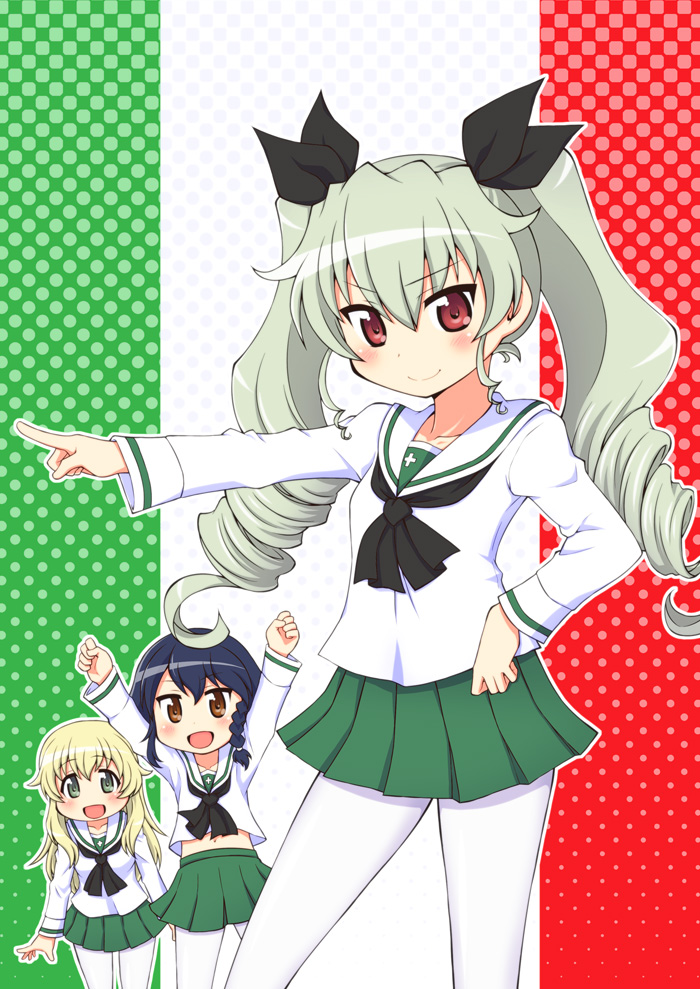 &gt;:) 3girls :d \o/ anchovy arms_up bangs black_hair blonde_hair blush braid brown_eyes carpaccio cosplay drill_hair flag_background girls_und_panzer green_eyes green_hair green_skirt hand_on_hip italian_flag long_hair long_sleeves looking_at_viewer miniskirt multiple_girls neckerchief open_mouth outstretched_arms pepperoni_(girls_und_panzer) pleated_skirt pointing red_eyes school_uniform serafuku short_hair side_braid skirt smile socks standing twin_drills twintails white_blouse yuuki_akira