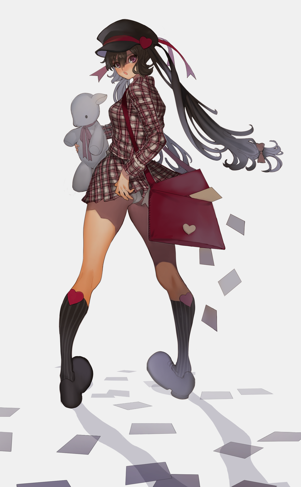 1girl :o aruterra ass bag bangs black_hair black_hat black_legwear black_shoes blush bow brown_bow copyright_request dropping from_behind hair_between_eyes hair_bow hat hat_ribbon heart highres holding kneehighs legs_apart long_hair long_sleeves looking_at_another looking_at_viewer low-tied_long_hair miniskirt panties pantyshot pantyshot_(standing) paper plaid plaid_skirt red_ribbon ribbon shade shadow shoes shoulder_bag simple_background skirt solo standing stuffed_animal stuffed_goat stuffed_sheep stuffed_toy twintails underwear violet_eyes white_background white_panties