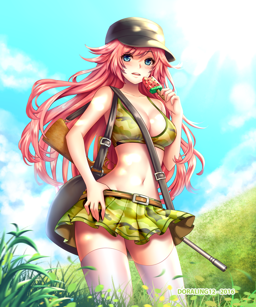 1girl 2016 :d artist_name bare_arms bare_shoulders baseball_cap behind_back belt_buckle black_hat blue_eyes blue_sky bra breasts buckle camouflage camouflage_bra camouflage_skirt cleavage clouds collarbone day field food grass groin gun hand_on_hip hat holding holding_food ice_cream large_breasts ling_(doraling12) long_hair looking_at_viewer midriff miniskirt navel open_mouth original outdoors over_shoulder parted_lips pink_hair plant popsicle rifle shiny shiny_skin shoulder_belt skirt sky sling smile solo stomach sunlight thigh-highs underwear very_long_hair weapon white_legwear zettai_ryouiki