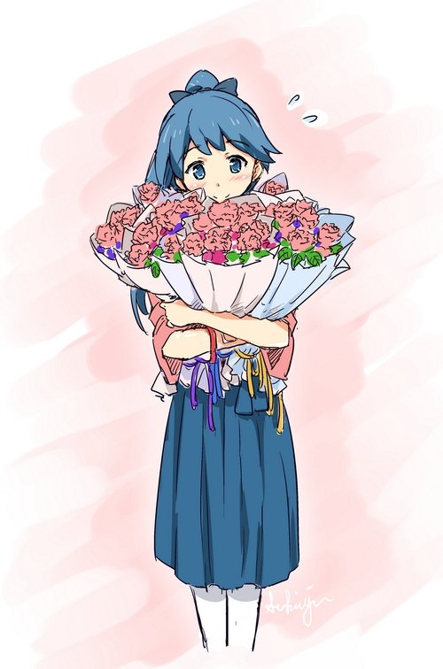 1girl bangs blue_eyes blue_hair bouquet bow carnation commentary flower flying_sweatdrops hair_bow hakama houshou_(kantai_collection) japanese_clothes kantai_collection mother's_day pantyhose ponytail sakimiya_(inschool) smile solo