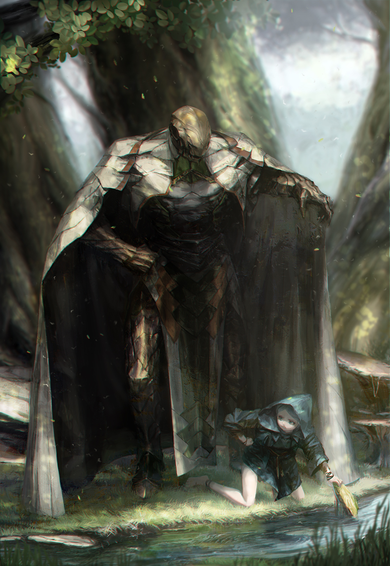 1boy 1girl bare_legs basket blonde_hair cloak commentary_request forest hood hooded_cloak kneeling nature original reptilian sage_(mami1210) size_difference stream tree witch