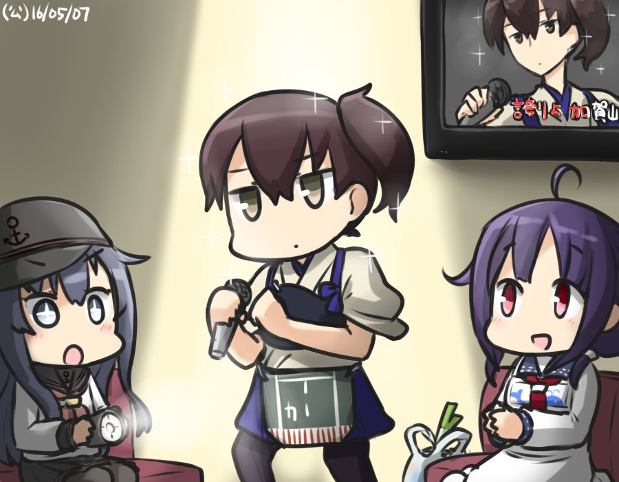 3girls ahoge akatsuki_(kantai_collection) anchor_symbol apron black_legwear commentary dated flashlight flat_cap hair_between_eyes hakama_skirt hamu_koutarou hat kaga_(kantai_collection) kantai_collection karaoke low_twintails microphone multiple_girls muneate neckerchief pantyhose red_eyes remodel_(kantai_collection) school_uniform serafuku side_ponytail sparkle sparkling_eyes spotlight spring_onion taigei_(kantai_collection) tasuki translated twintails