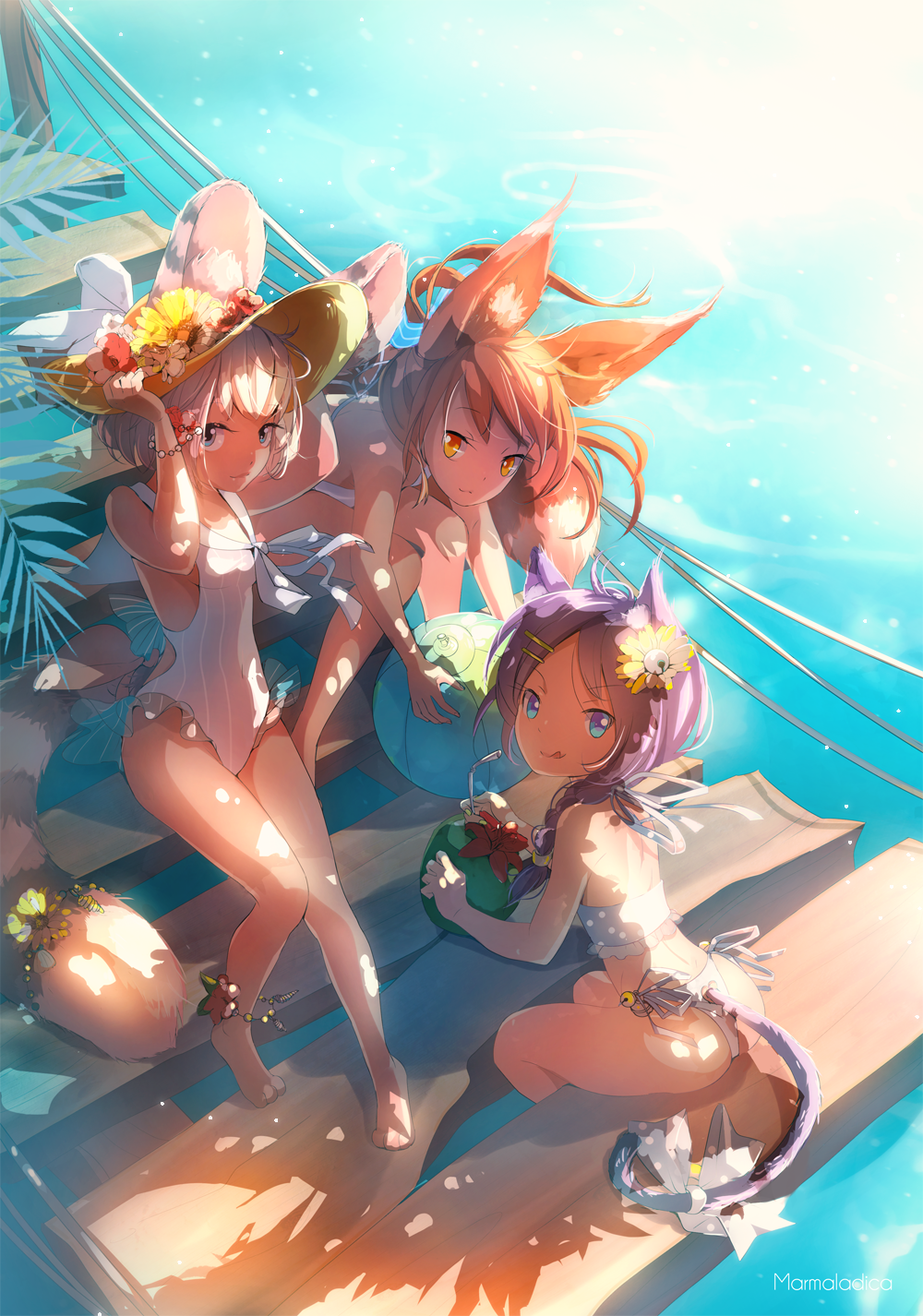 &gt;:q 3girls :q animal_ears anklet antenna_hair arms_up artist_name ass ball bare_shoulders barefoot beachball bikini blade_&amp;_soul blue_eyes blush bracelet braid casual_one-piece_swimsuit cat_ears cat_tail closed_mouth covered_navel cup dappled_sunlight drinking_straw flower fox_ears from_above from_behind full_body hair_ornament hair_over_shoulder hairclip hat hat_flower heart_cutout hibiscus highres holding holding_ball holding_cup holding_hat jewelry leaning_forward long_hair looking_at_viewer looking_back looking_up lyn_(blade_&amp;_soul) marmalade_(elfless_vanilla) multiple_girls ocean one-piece_swimsuit orange_hair palm_tree plant purple_hair railing ribbon rope_bridge see-through single_braid sitting smile sunflower sunlight swimsuit tail toes tongue tongue_out tree tsurime water white_bikini white_hair white_ribbon white_swimsuit wooden_bridge
