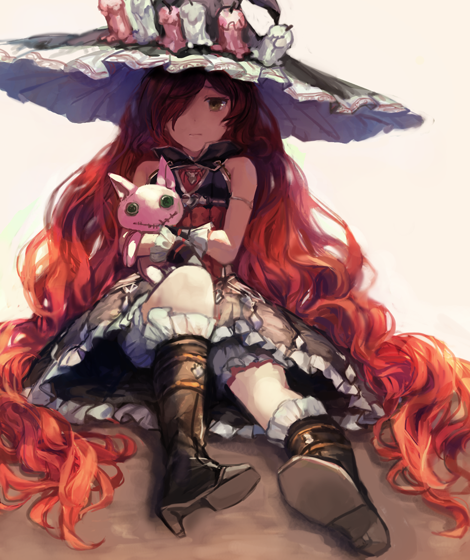 1girl anna_(granblue_fantasy) armlet bare_shoulders bloomers boots candle dress frills full_body granblue_fantasy hair_over_one_eye hat long_hair looking_at_viewer redhead sha_(isago) sitting solo stuffed_animal stuffed_cat stuffed_toy underwear very_long_hair wavy_hair witch_hat yellow_eyes