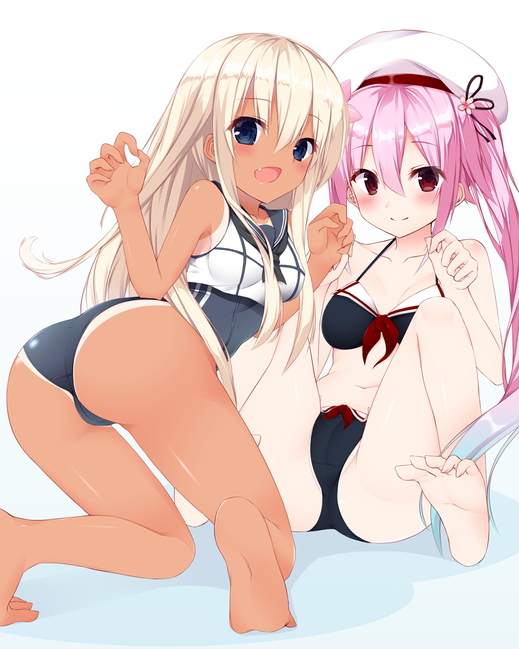 2girls adapted_costume barefoot bikini blonde_hair blue_eyes crop_top fang flower fuji_yoshida hair_flower hair_ornament harusame_(kantai_collection) hat highres kantai_collection long_hair multiple_girls one-piece_tan pink_hair red_eyes ro-500_(kantai_collection) sailor_collar school_swimsuit school_uniform side_ponytail soles swimsuit swimsuit_under_clothes tan tanline toes
