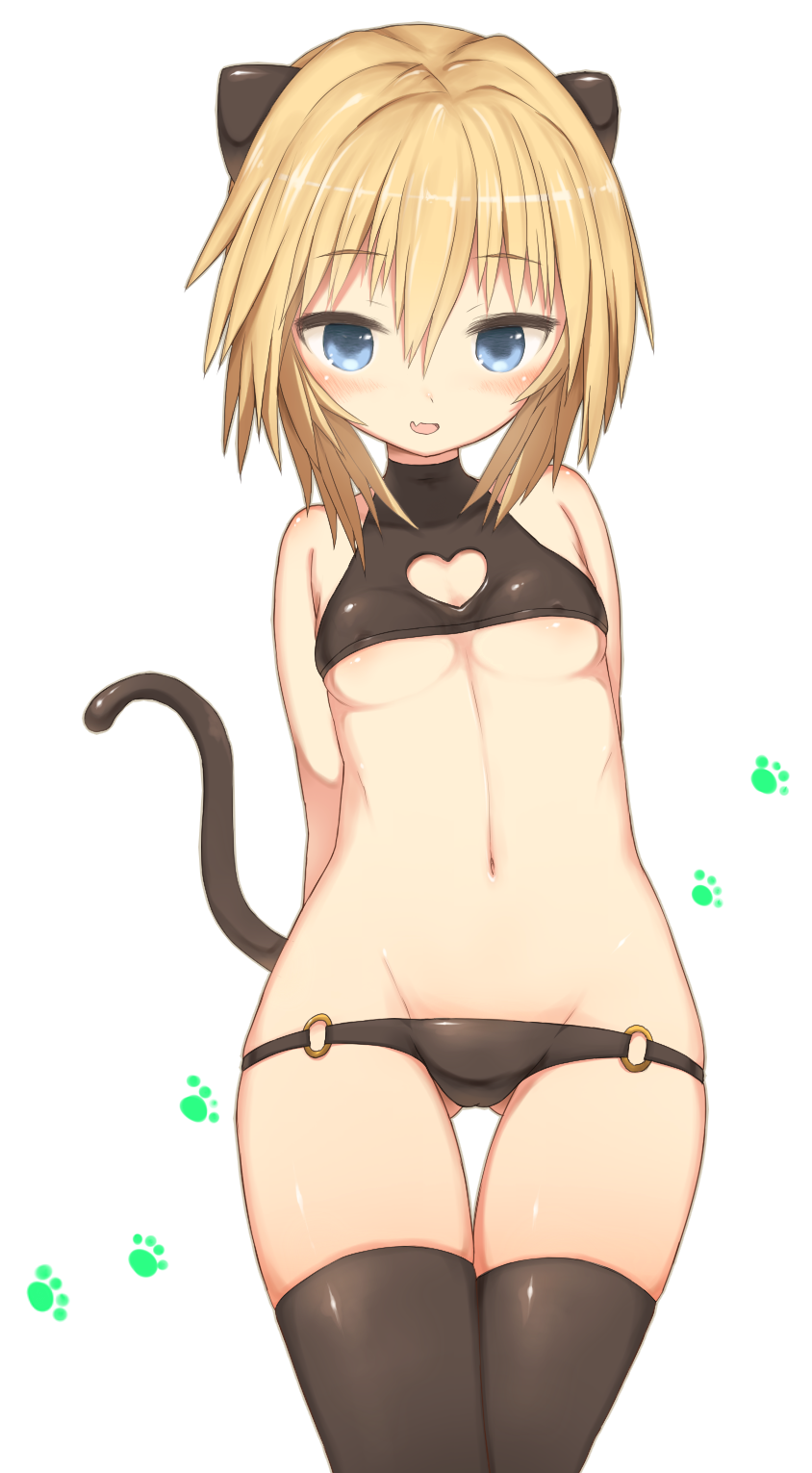 1girl :d animal_ears arms_behind_back ass_visible_through_thighs bare_shoulders black_legwear black_panties blonde_hair blue_eyes blush breasts cat_ears cat_tail fang groin hair_between_eyes heart_cutout highres looking_at_viewer navel o-ring_bottom open_mouth original panties paw_print ruiten simple_background small_breasts smile solo standing tail thigh-highs thigh_gap under_boob underwear white_background