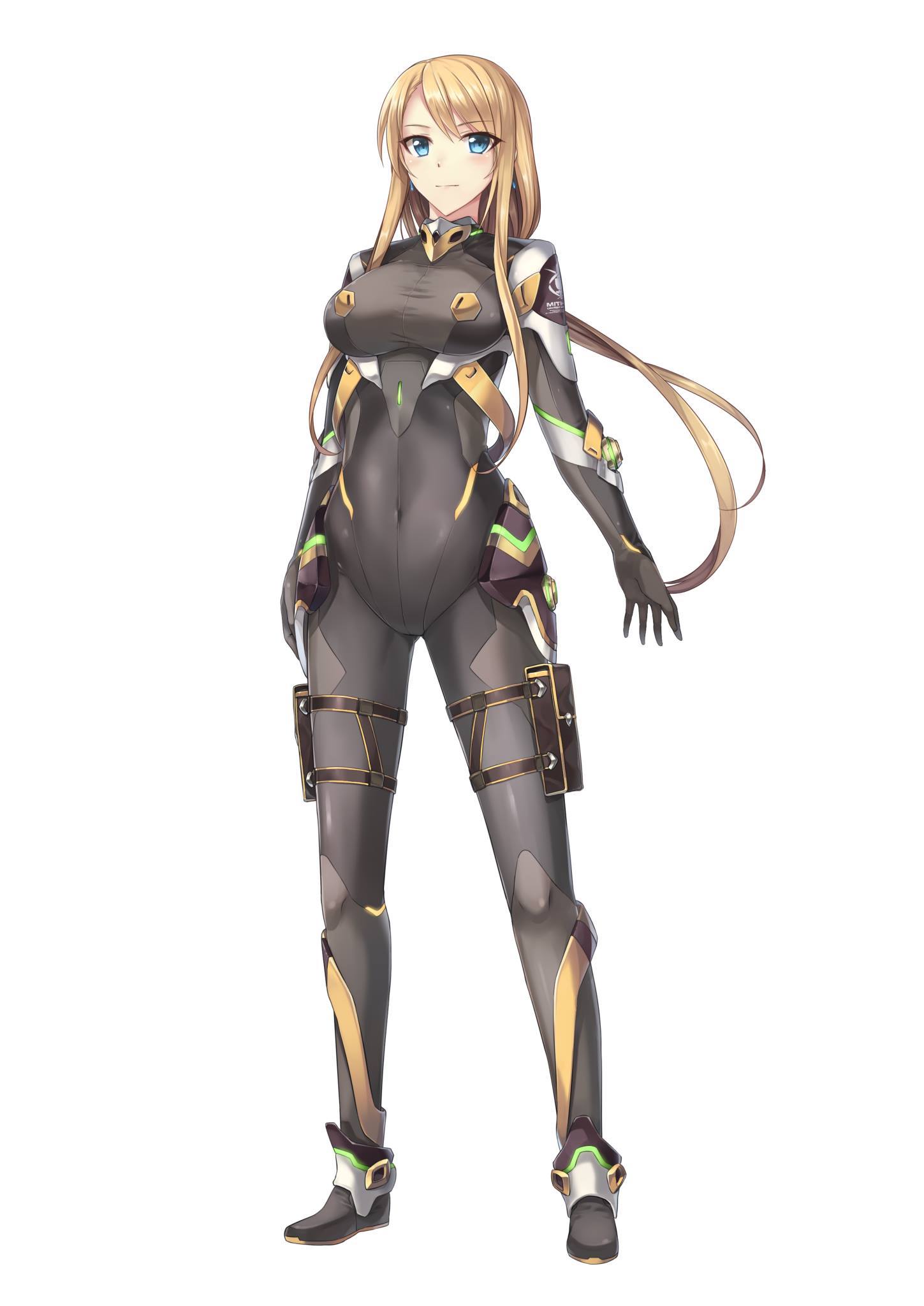 1girl arm_at_side blonde_hair blue_eyes bodysuit closed_mouth covered_navel earrings esmeralda_ingrid eyebrows eyebrows_visible_through_hair full_body highres holster jewelry legs_apart long_hair looking_at_viewer luzi official_art pilot_suit project_nimbus sidelocks simple_background skin_tight solo standing thigh_holster white_background
