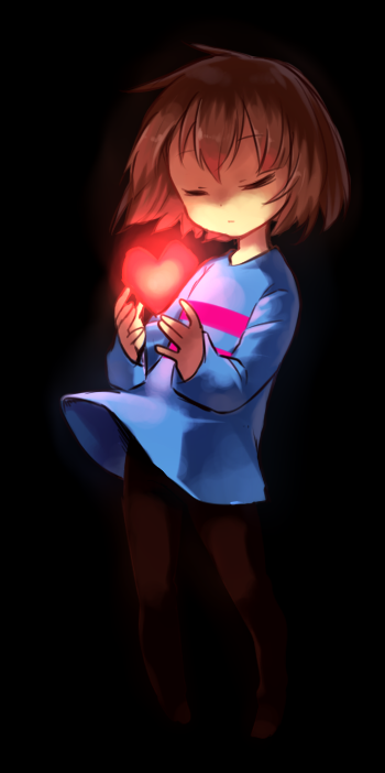 androgynous black_background brown_hair closed_eyes frisk_(undertale) full_body glowing heart mikan_(ama_no_hakoniwa) pantyhose shirt simple_background solo striped striped_shirt undertale