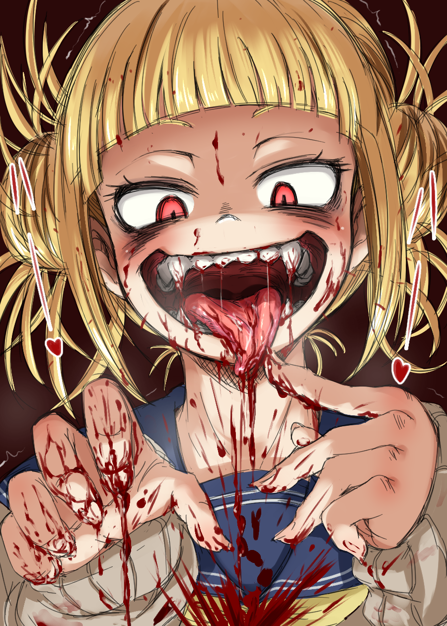 1girl 4shi bangs blonde_hair blood blood_on_face blood_splatter blunt_bangs boku_no_hero_academia crazy_eyes double_bun face fangs finger_to_mouth heart highres long_sleeves looking_down motion_lines neckerchief red_background red_eyes sailor_collar shaded_face shirt short_hair simple_background solo teeth toga_himiko tongue tongue_out trembling upper_body white_shirt