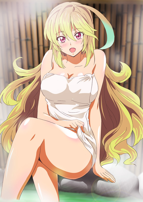 1girl :d ahoge alternate_costume arm_support bare_shoulders blonde_hair blush breasts cleavage collarbone commentary_request green_hair large_breasts long_hair looking_at_viewer milla_maxwell multicolored_hair naked_towel official_style onsen open_mouth pink_eyes shiny shiny_skin sitting_on_rock smile solo tales_of_(series) tales_of_xillia tales_of_xillia_2 thighs towel two-tone_hair very_long_hair washizuka_shou