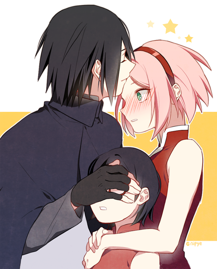 1boy 2girls black_hair boruto:_naruto_the_movie family forehead_kiss haruno_sakura husband_and_wife kiss multiple_girls naruto nipye pink_hair uchiha_sarada uchiha_sasuke