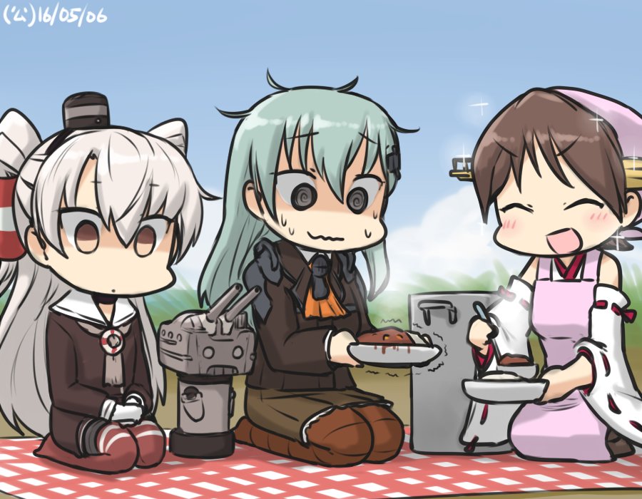 3girls @_@ amatsukaze_(kantai_collection) apron aqua_hair ascot blue_sky blush brown_dress brown_hair brown_legwear commentary curry curry_rice dated detached_sleeves dress empty_eyes food gloves hair_ornament hairclip hamu_koutarou head_scarf headgear hiei_(kantai_collection) kantai_collection long_hair multiple_girls nontraditional_miko outdoors picnic pot rensouhou-kun ribbon-trimmed_sleeves ribbon_trim sailor_dress short_hair sky smile sparkle suzuya_(kantai_collection) sweat thigh-highs trembling two_side_up white_gloves
